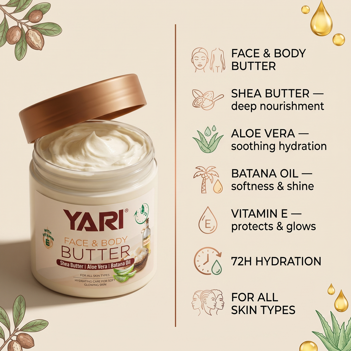 Yari Face & Body Butter jar with shea butter, aloe vera and batana oil, surrounded by ingredient icons and 72H hydration.
