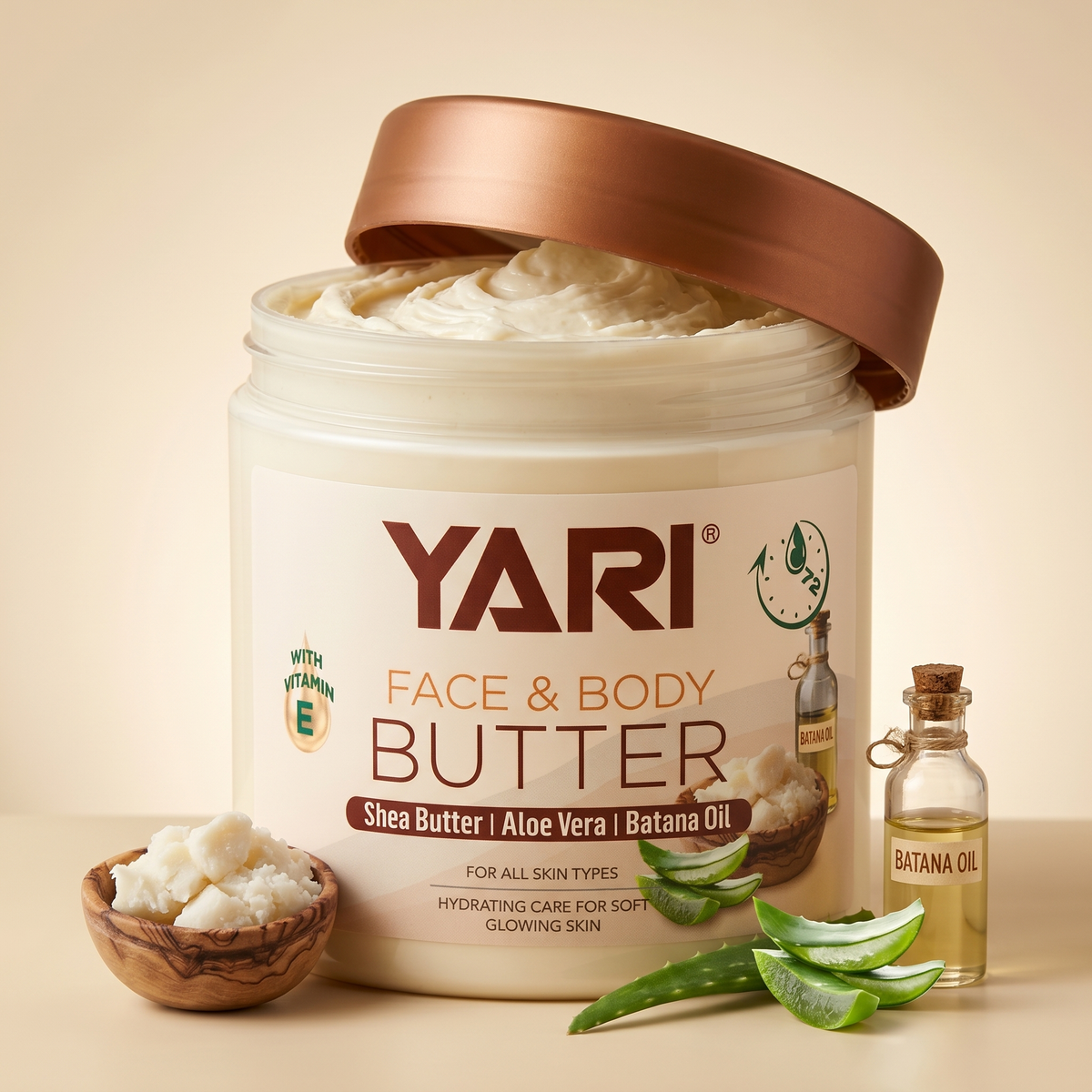 Yari Face & Body Butter with shea, aloe vera and batana oil, surrounded by fresh ingredients.