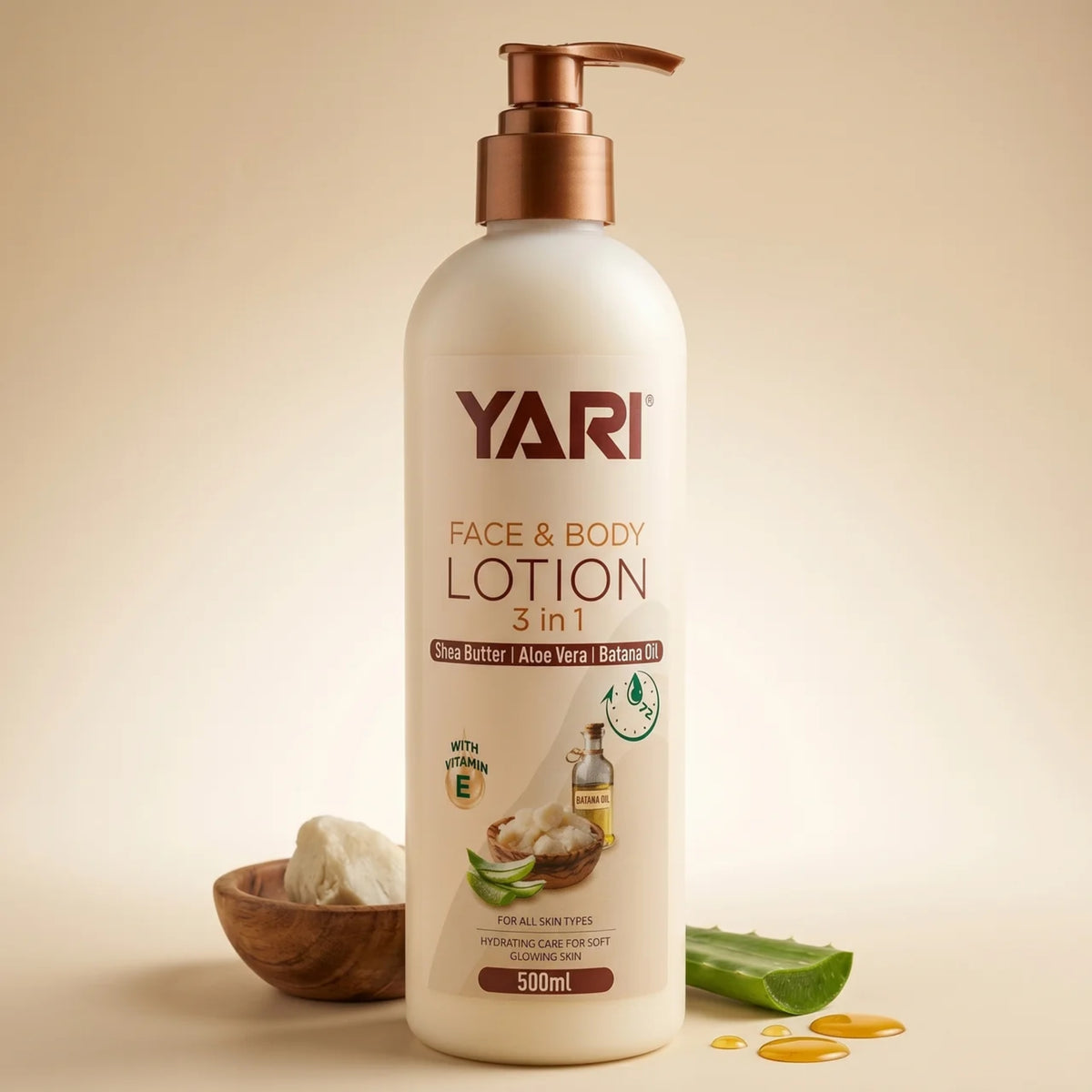 YARI Face & Body Lotion 3 in 1 in 500ml pump bottle with shea butter, aloe vera and batana oil.