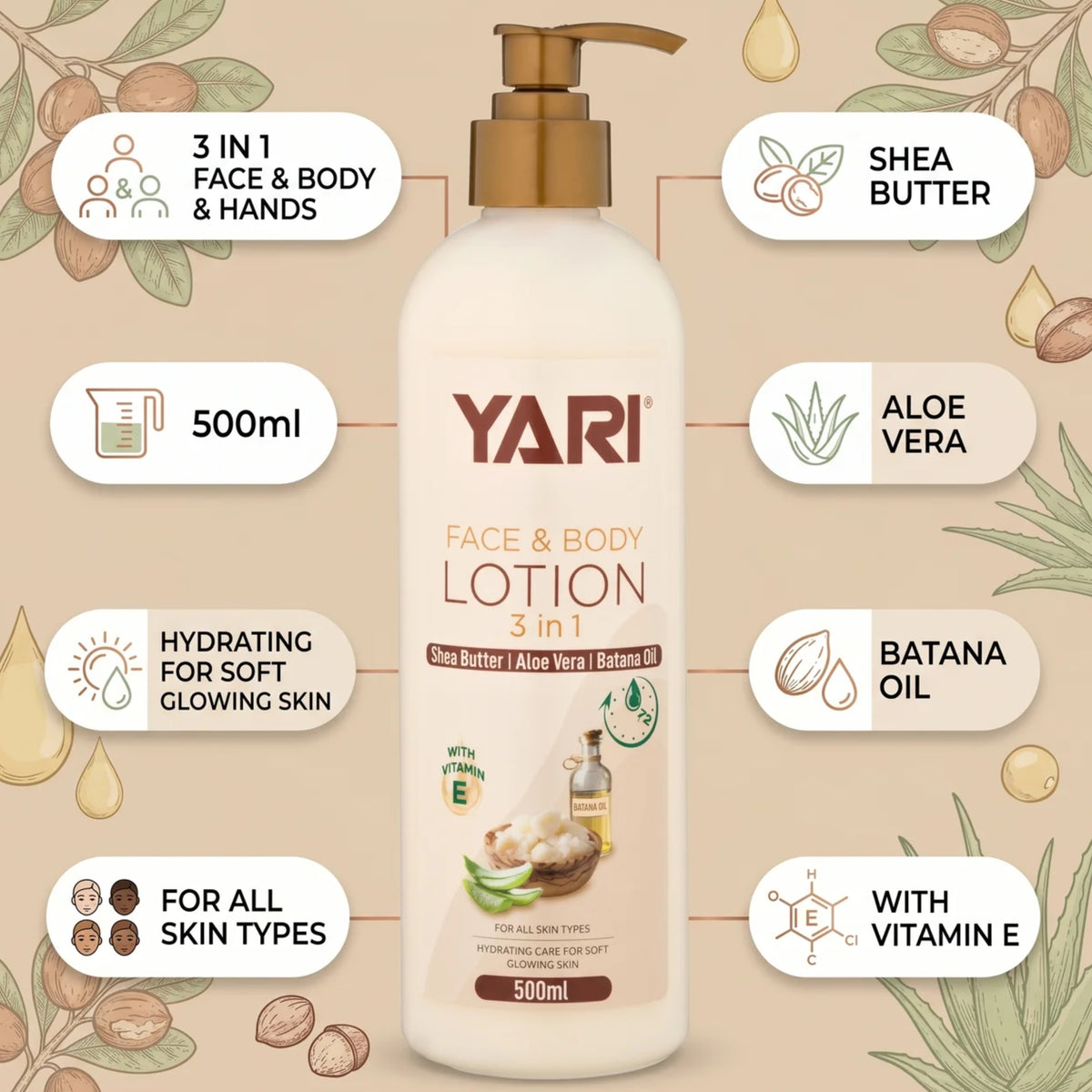 Yari Face & Body Lotion 3 in 1 500ml with shea butter, aloe vera, batana oil and vitamin E for all skin types.