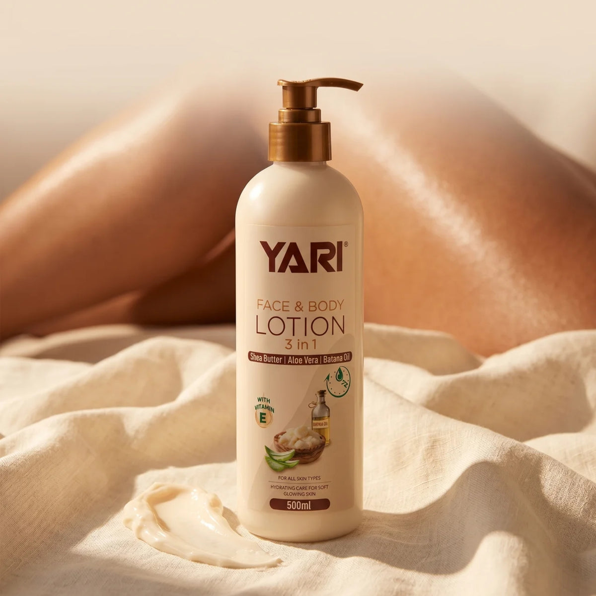 Yari Face & Body Lotion 3 in 1 with shea butter, aloe vera and batana oil in a 500ml pump bottle.