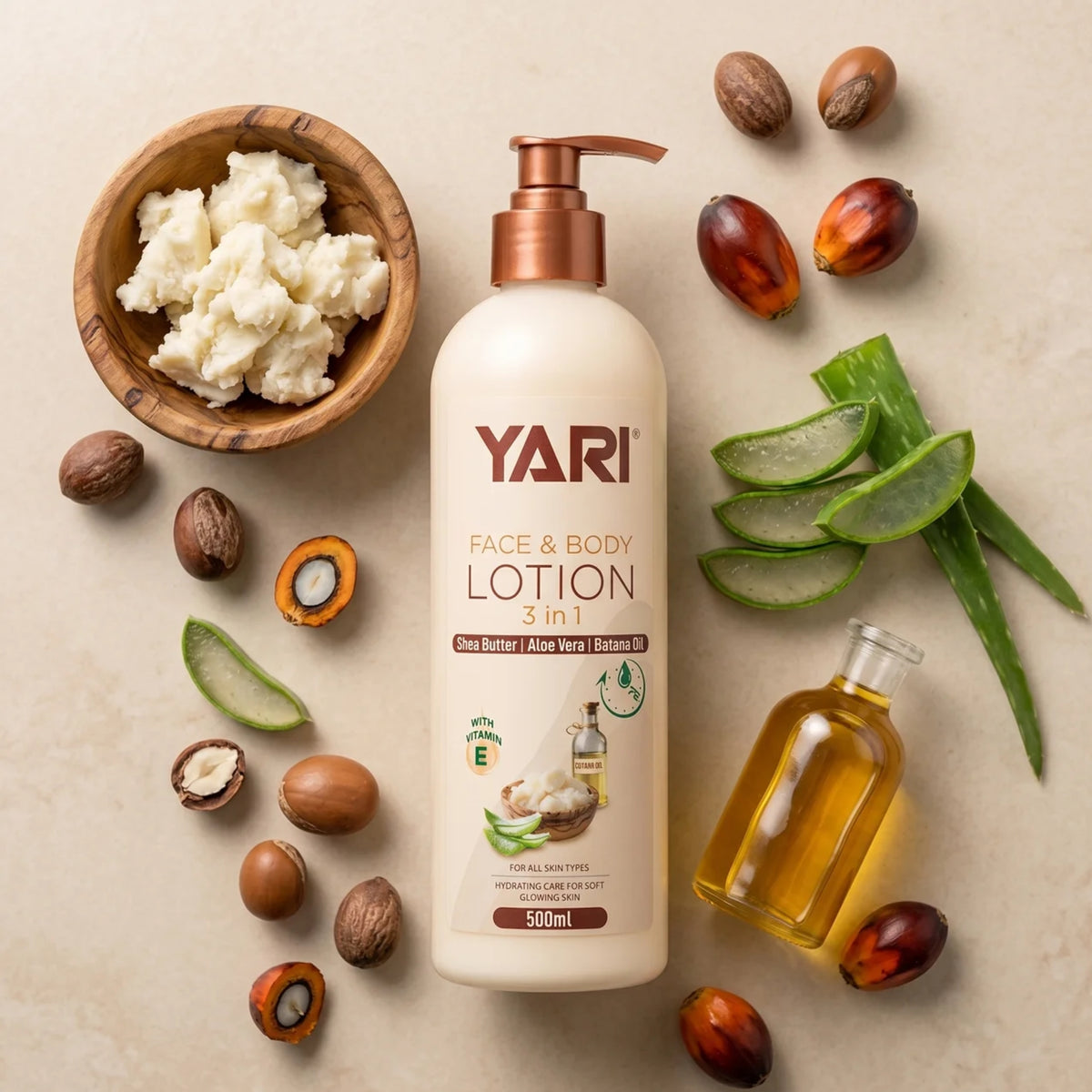 YARI Face & Body Lotion 3 in 1 with shea butter, aloe vera and batana oil surrounded by natural ingredients.