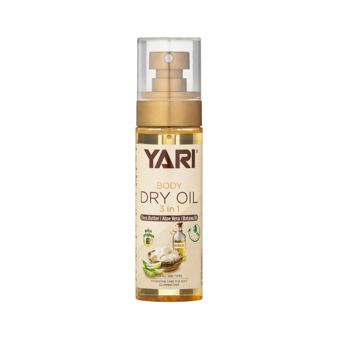 Yari Body Dry Oil 3 in 1 spray bottle with shea butter, aloe vera and batana oil for glowing skin.