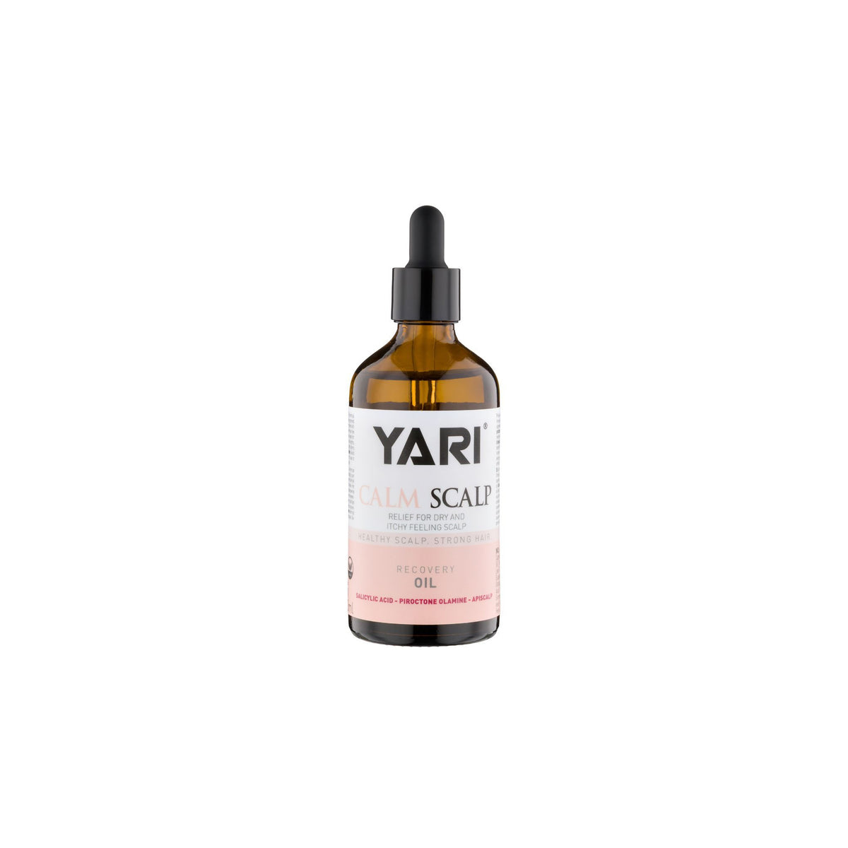 Yari Calm Scalp Dry & Itchy Recovery Oil 100ml bottle with dropper on white background.