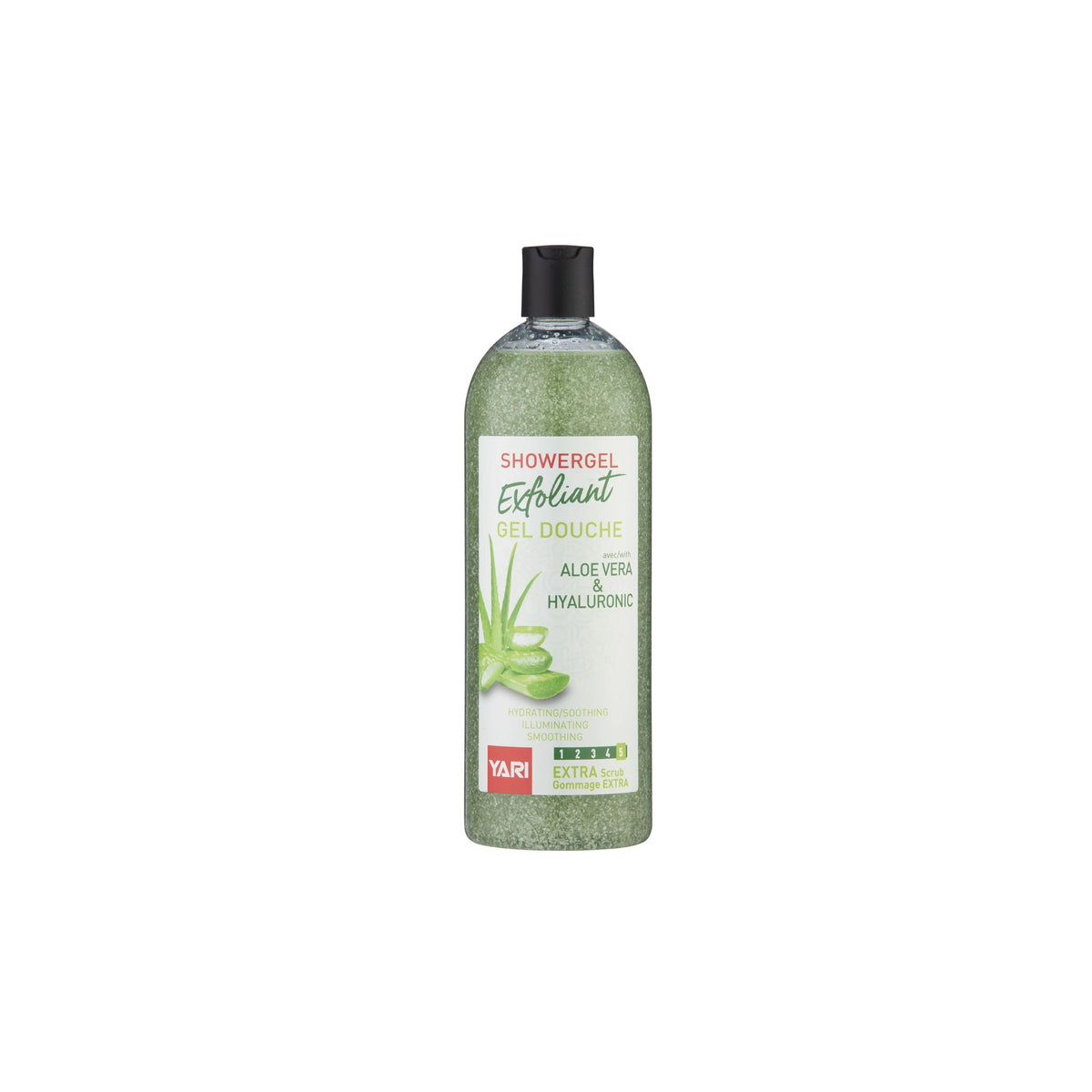Yari Exfoliant Shower Gel Aloe Vera & Hyaluronic 1000ml in clear green bottle with black lid and aloe vera motif on the label.