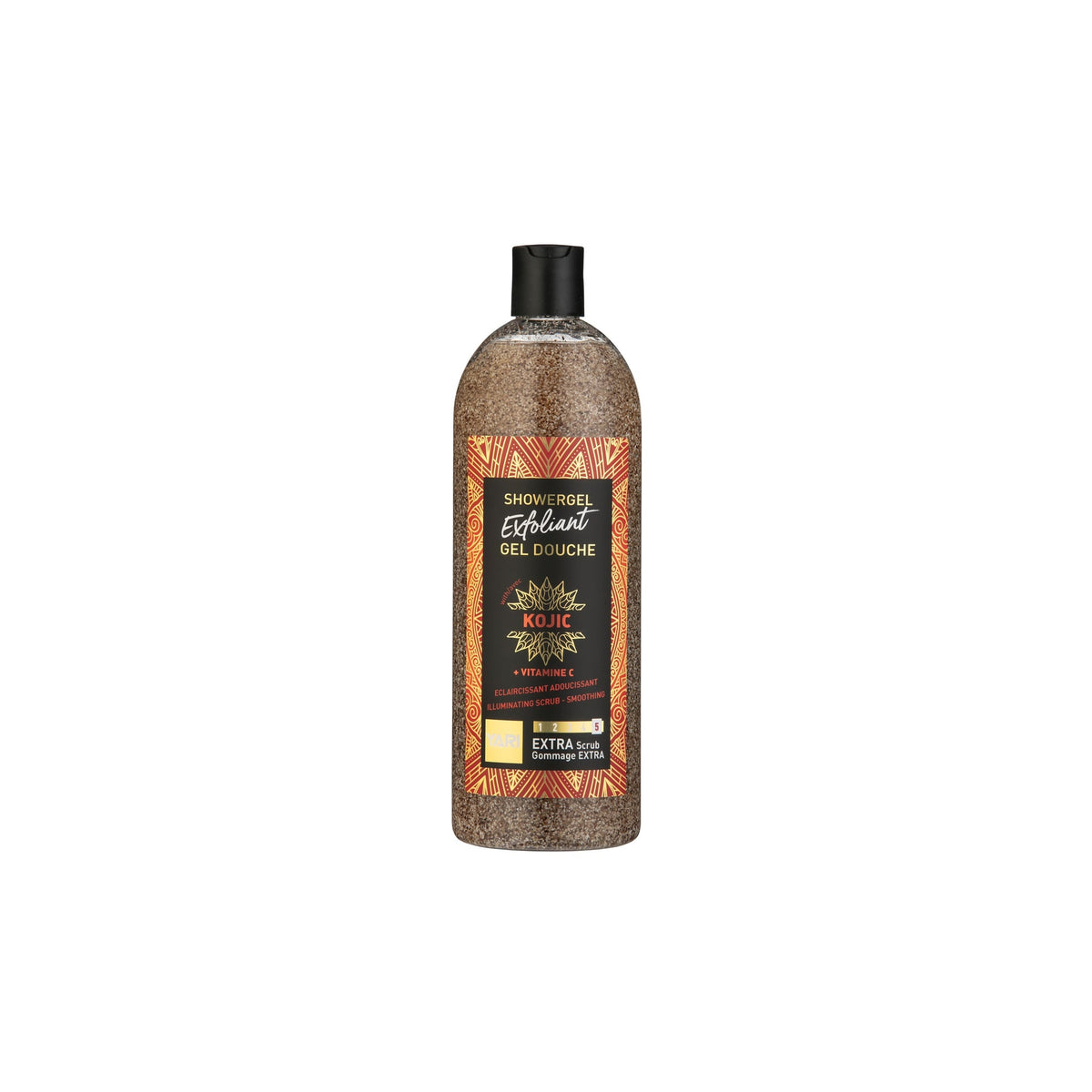 Transparent bottle of Yari Exfoliant Shower Gel Kojic 1000ml with brown scrub grains and colorful label in tribal design.