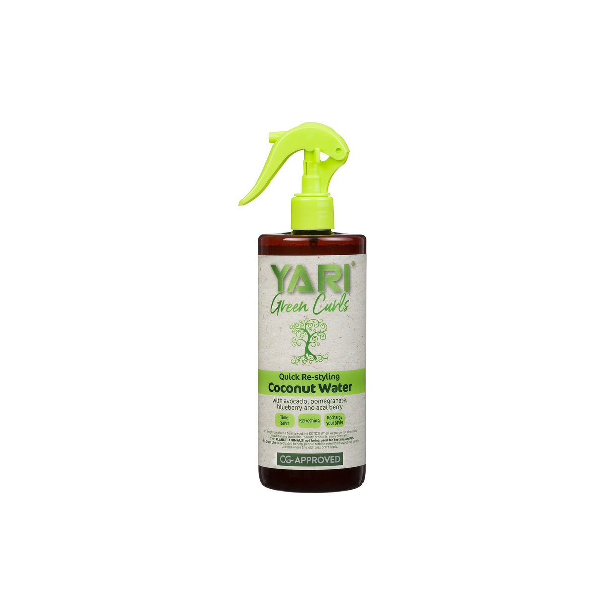 The product pictured is Yari Green Curls Coconut Water in a 500ml spray bottle. It is a "Quick Re-styling" moisturizing spray, enriched with avocado, pomegranate, blueberry and acai extract. It is CG approved, making it suitable for the Curly Girl method.