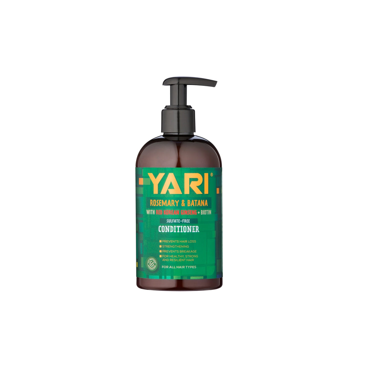 Yari Rosemary & Batana Conditioner (360 ml). Brown bottle with black pump and green label with text about preventing hair loss and strengthening the hair.
