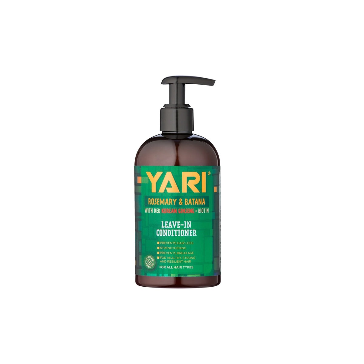 Bottle of Yari Rosemary & Batana Leave-In 360ml with green label and pump, ideal for all hair types.