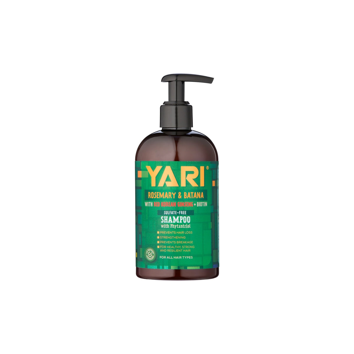 Yari Rosemary & Batana Shampoo (360 ml). Brown bottle with black pump and green label with text about preventing hair loss and strengthening the hair.