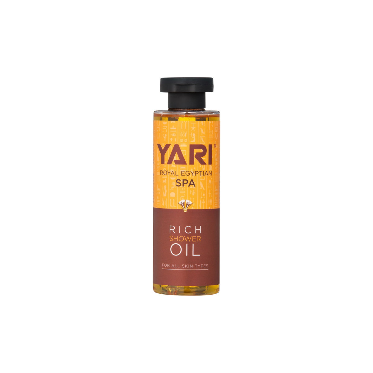 Yari Royal Egyptian Shower Oil (Special Edition) 200ml in clear bottle with golden oil and decorative Egyptian-inspired design.